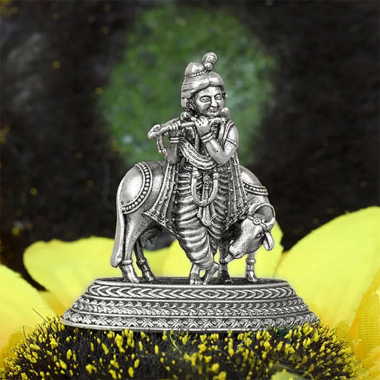 92.5 Silver Krishna Ji With Cow Idol