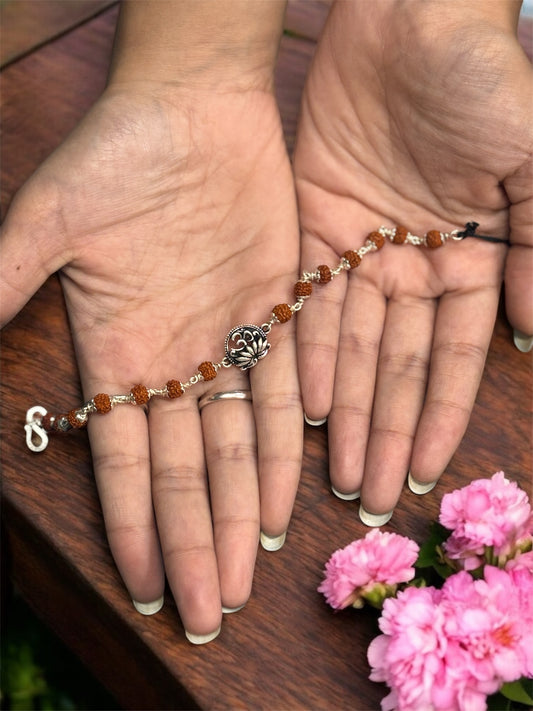 Silver Lotus Om Rudraksh Rakhi