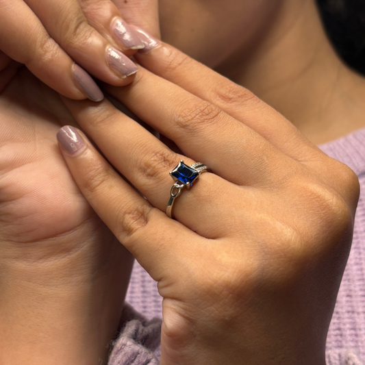 Silver Royal Blue Rectangle Stone Ring for Women