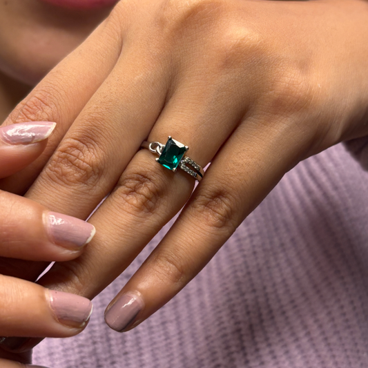 Silver Royal Green Rectangular Stone Ring for Women