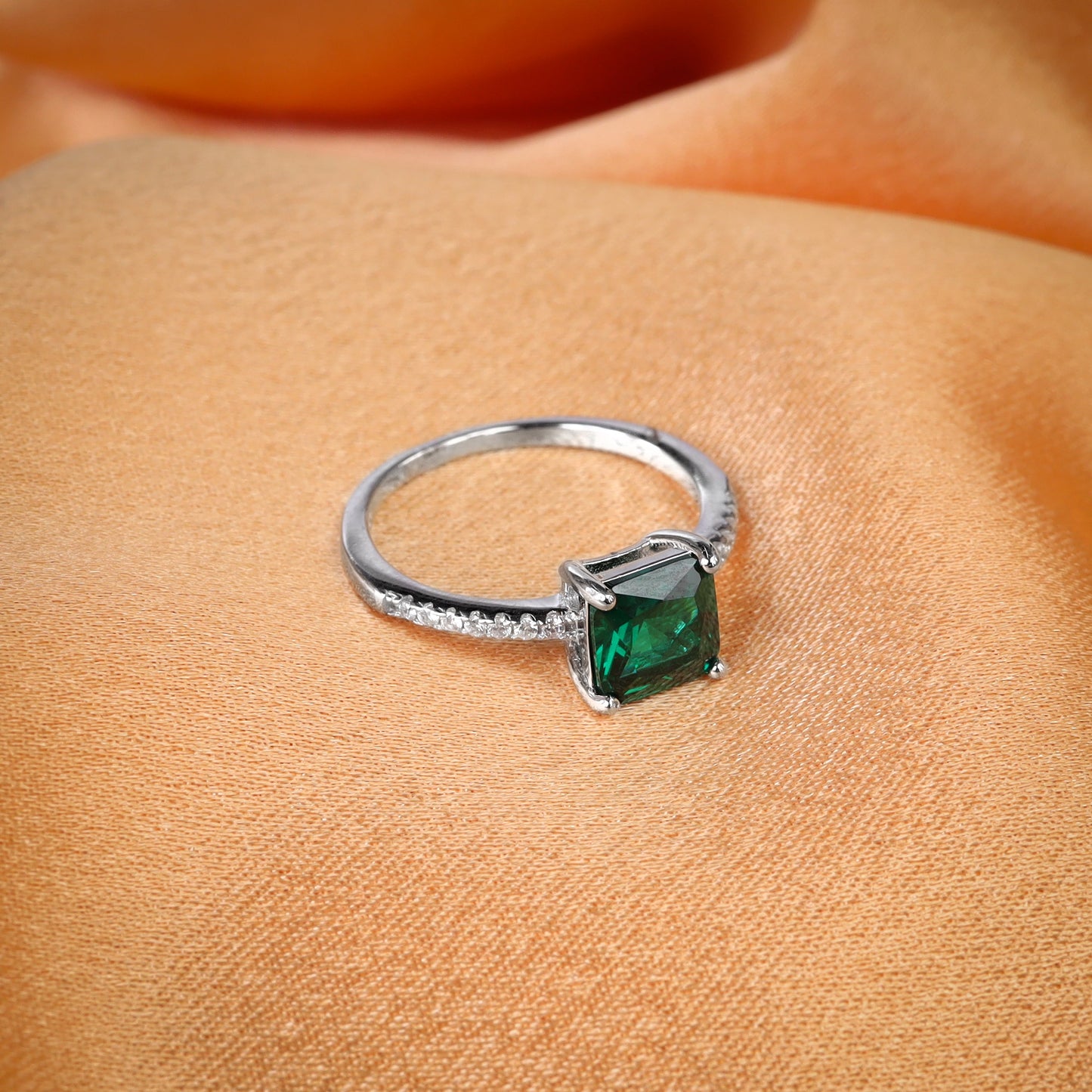 silver leaf green stone ring